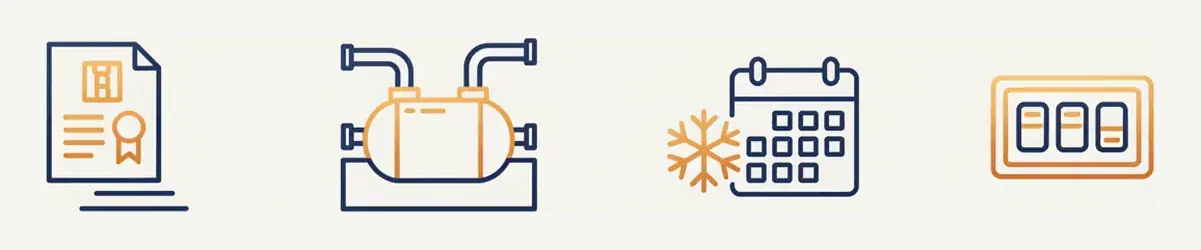 Four icons showing what a Collingwood home addition involves: a building permit, a septic tank, a snowflake and calendar for the winter build window, and an electrical panel.