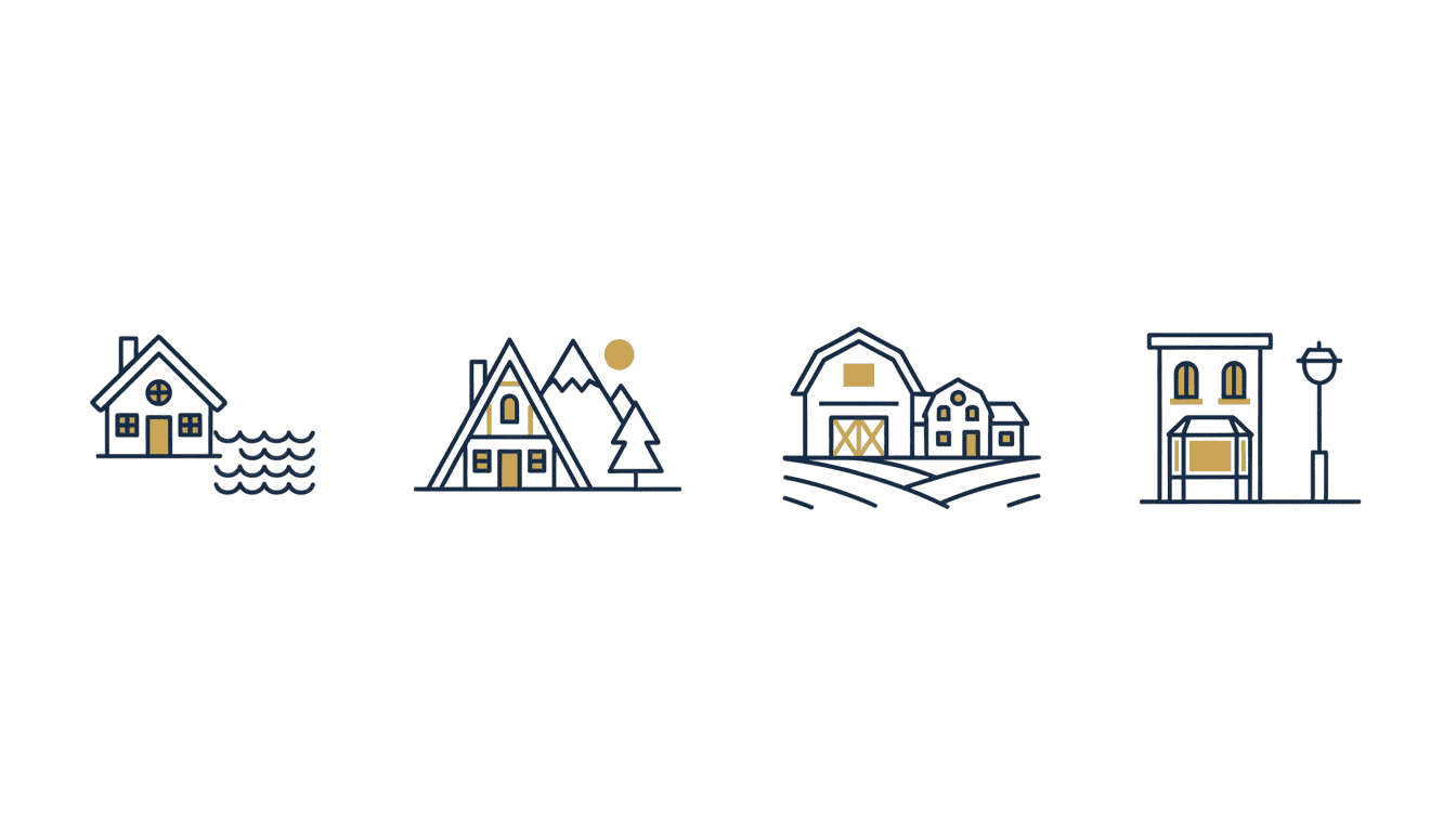 Luxury home design in Simcoe County: four line icons showing a beach-front cottage, a ski-country chalet, a rural farmhouse on acreage, and an in-town home.